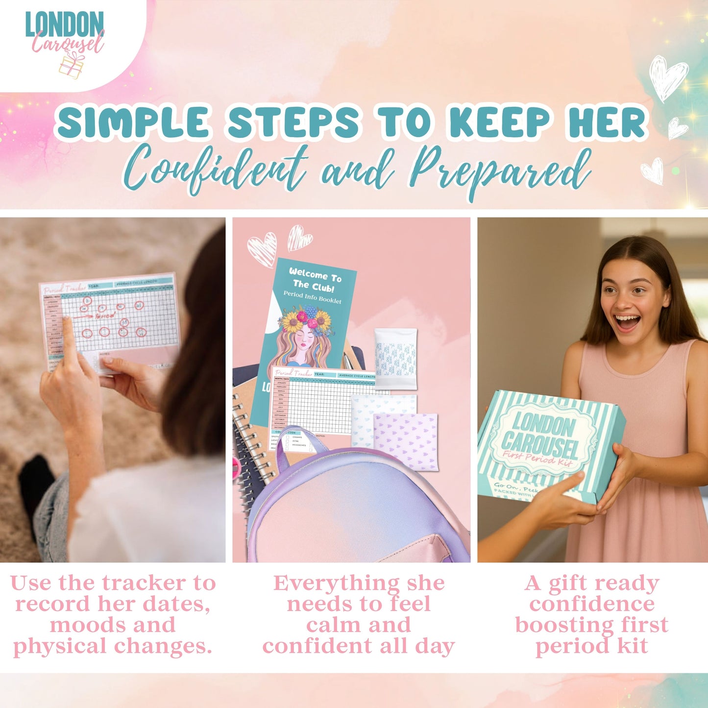 First Period Kit for Girls - Lil-Lets Teen Pads, Always Pads, Tampax Compak Tampons, Panty Liners, Wipes, Scrunchie, Info Flyer, Period Tracker