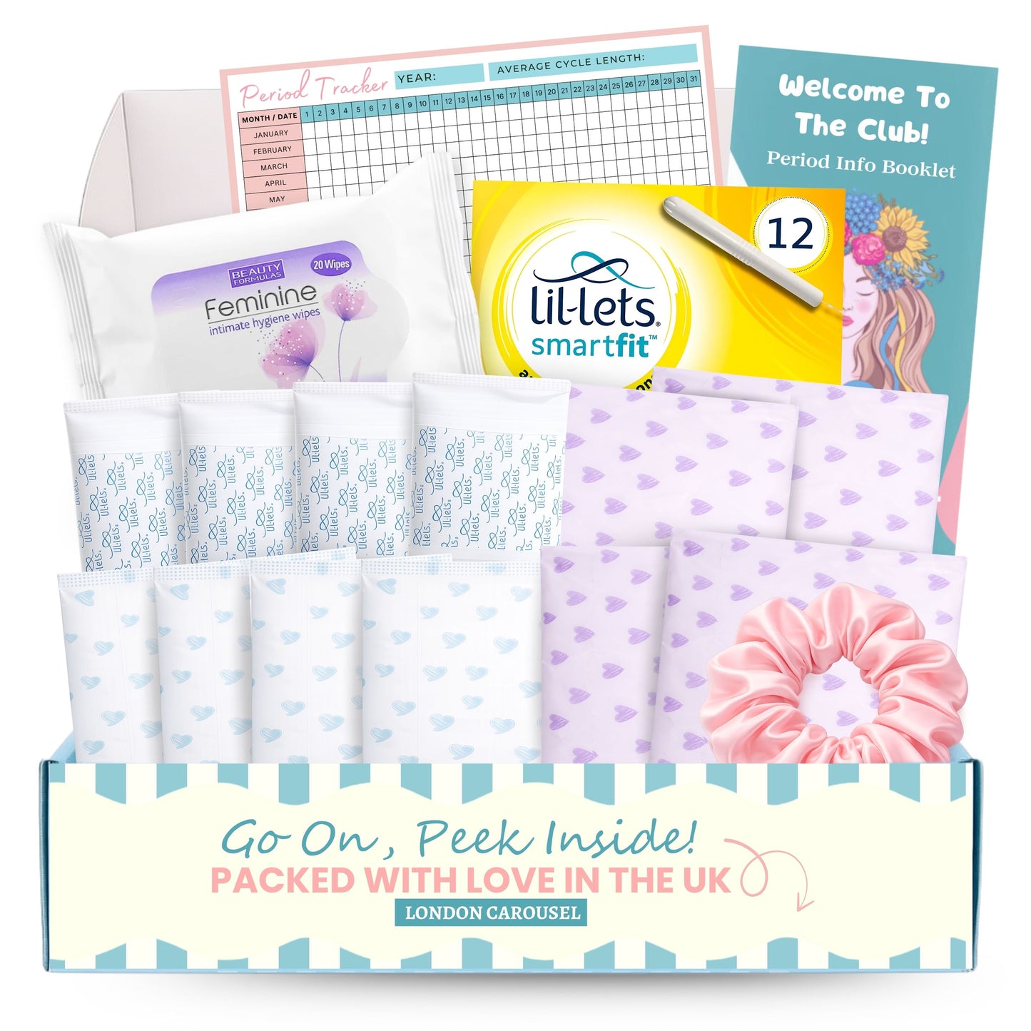 First Period Kit for Girls - Lil-Lets Teen Pads, Always Pads, Tampax Compak Tampons, Panty Liners, Wipes, Scrunchie, Info Flyer, Period Tracker