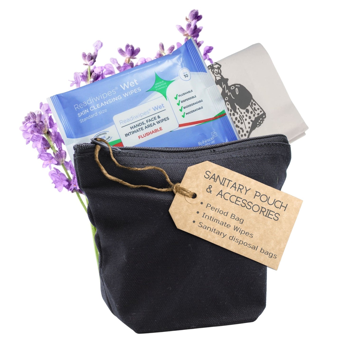 A Period Pack featuring a period pouch, feminine wipes, and paper sanitary disposal bags for convenient and discreet period care.