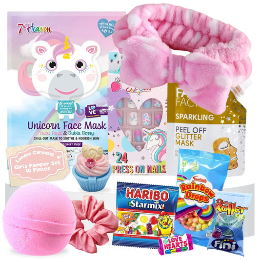 A delightful Unicorn Pamper Hamper - Mum and Me Pamper set featuring Chit Chat 24 Press on Nails, a spa hairband, a Unicorn 7th Heaven face mask sheet, a cupcake lip balm, a kids bath bomb, a hair scrunchie, rainbow drops, and a beauty face mask for Mum.