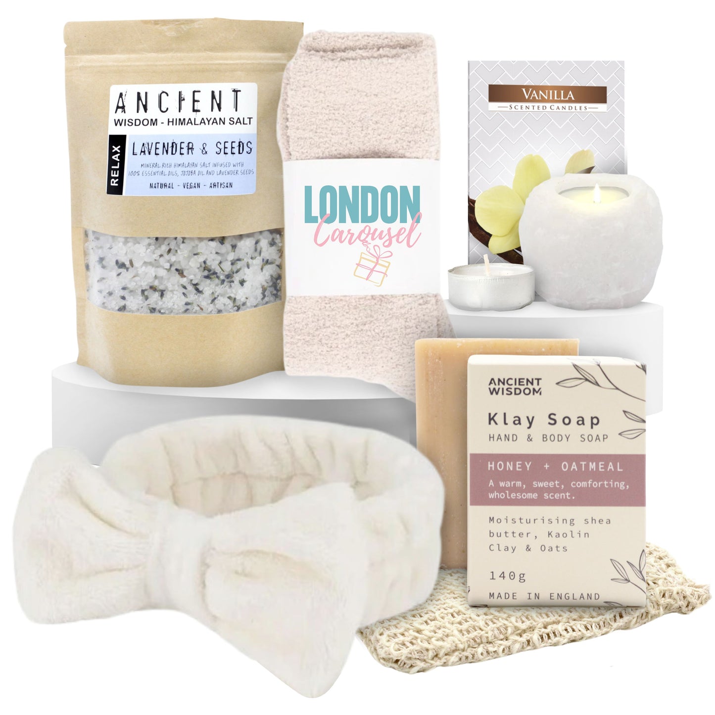 White Pamper Gift Set for Women and Girls – Spa Relaxation Kit with Socks, Headband, Candles, Soap & Bath Salts
