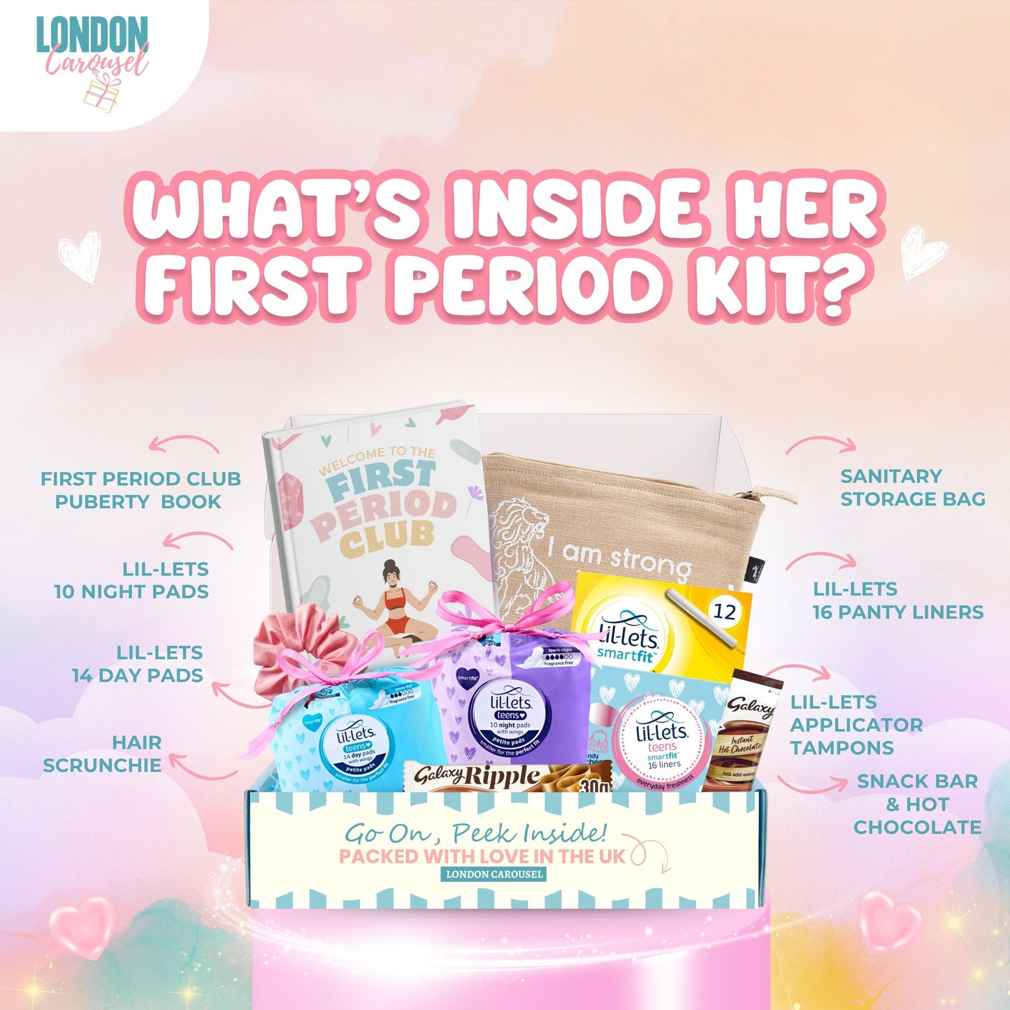 First Period Kit for Girls –  First Period Club Book, Lil-Lets Teen Pads, Tampons & Sweet Treats