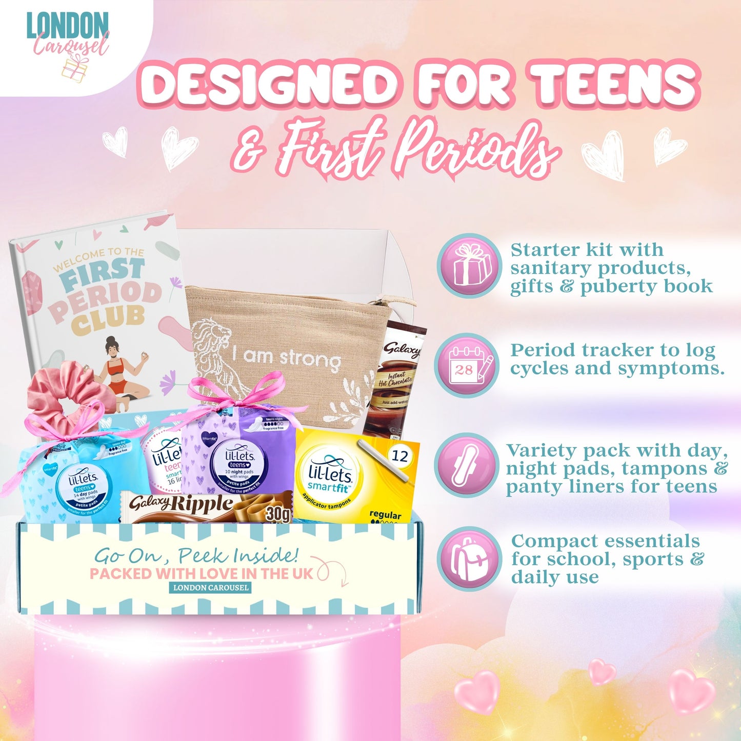 First Period Kit for Girls –  First Period Club Book, Lil-Lets Teen Pads, Tampons & Sweet Treats