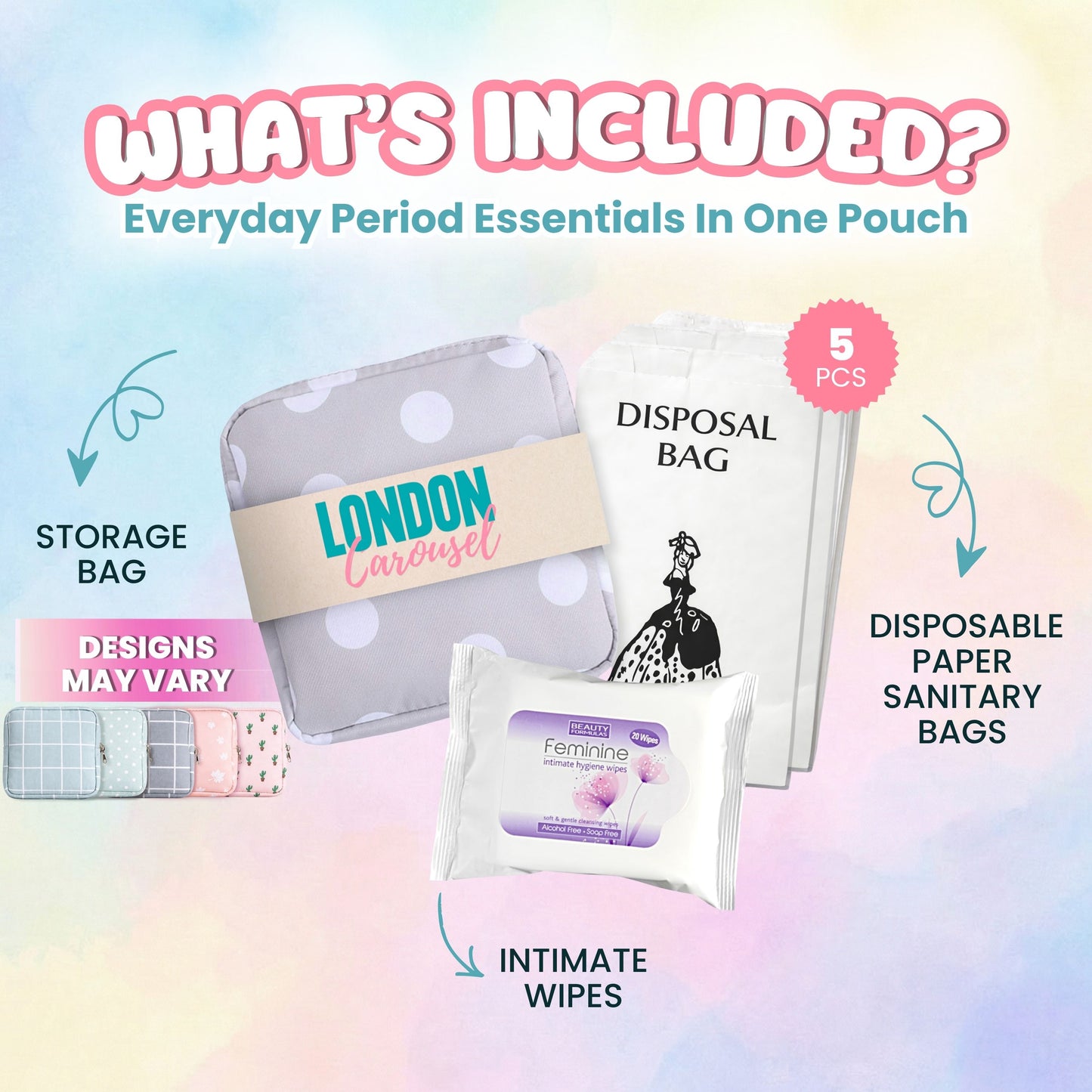 Sanitary Pad Storage Bag: Emergency Kit with Flushable Wipes & Disposal Bags