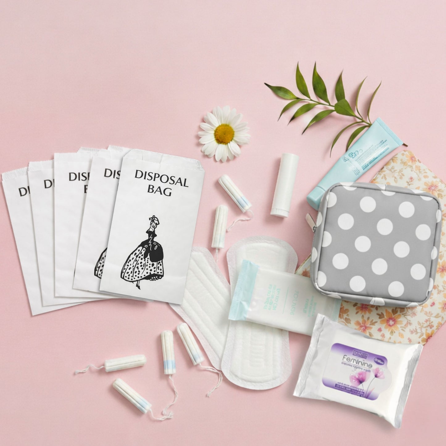 Sanitary Pad Storage Bag: Emergency Kit with Flushable Wipes & Disposal Bags